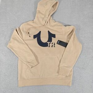 True Religion Hoodie Mens Large Travertine‎ Beige Dark Navy Logo Pullover New
